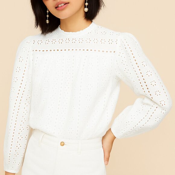 J. Crew | High Neck Long Sleeve White Eyelet Blouse | Size Medium - Picture 1 of 16